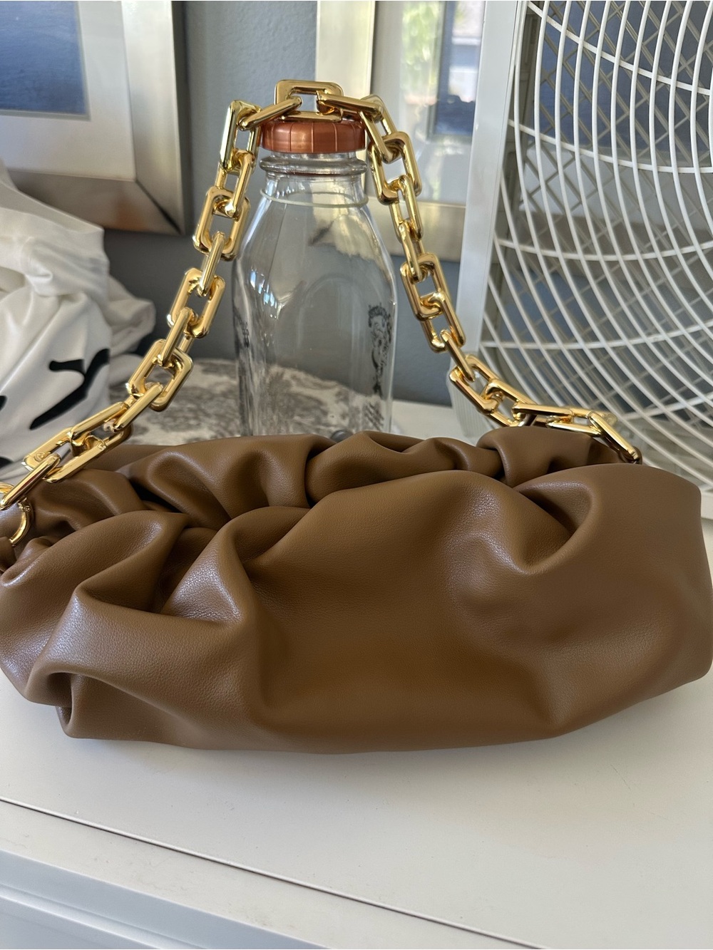 Brown Ruched Shoulder Bag with Gold Chain Handle
